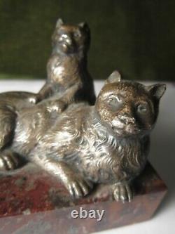 XIX Bronze Chat Et Son Petit Marbre Signe Rolland Antique Bronze Cat And Small